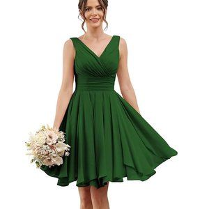 NEW WITH TAGS, Moss/Emerald green V-Neck Bridesmaid Dress Women Chiffon A Line